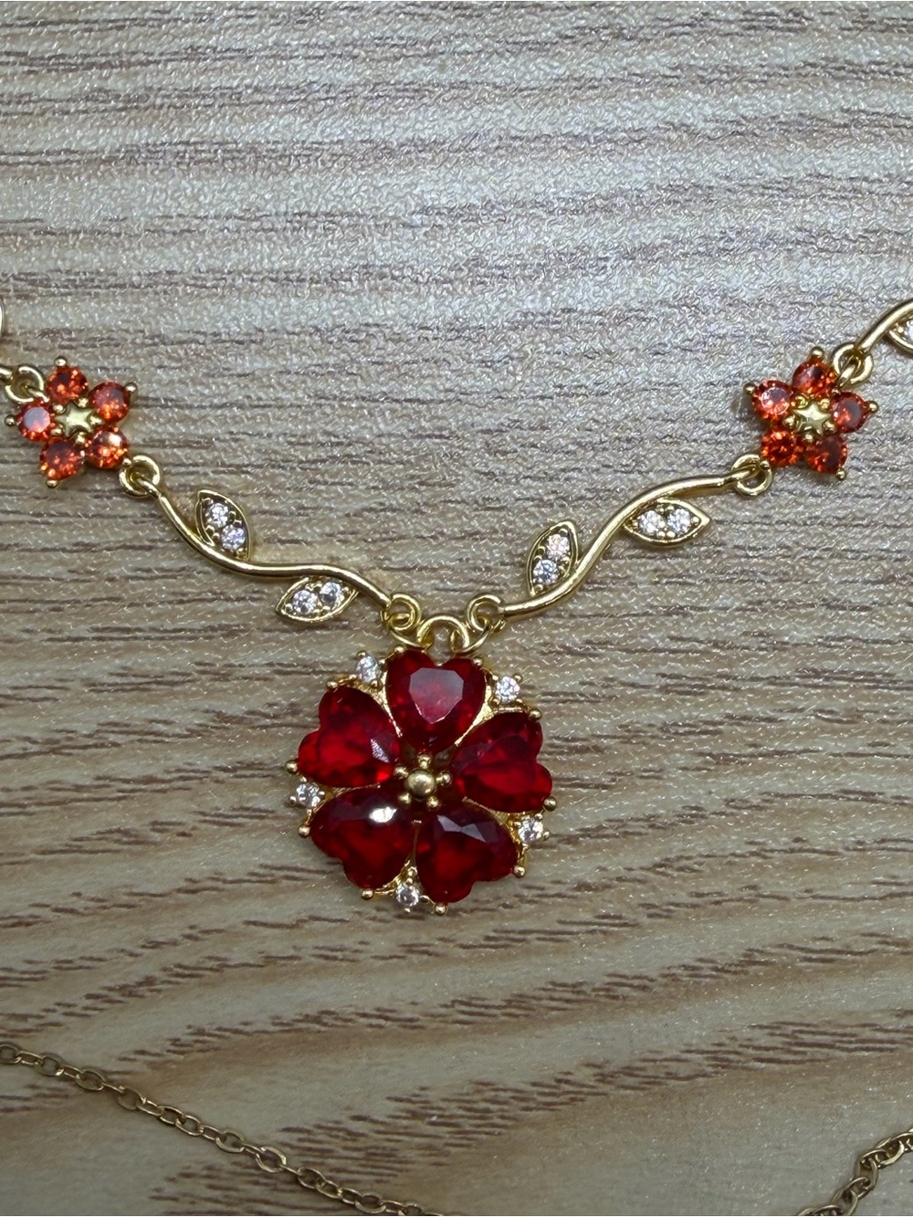 Gold-Tone Red Flower Pendant Necklace - Women's Jewelry